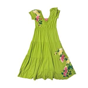 JWLA Johnny Was Lime Green Tiered Embroidered Floral Butterfly Midi Dress XS EUC